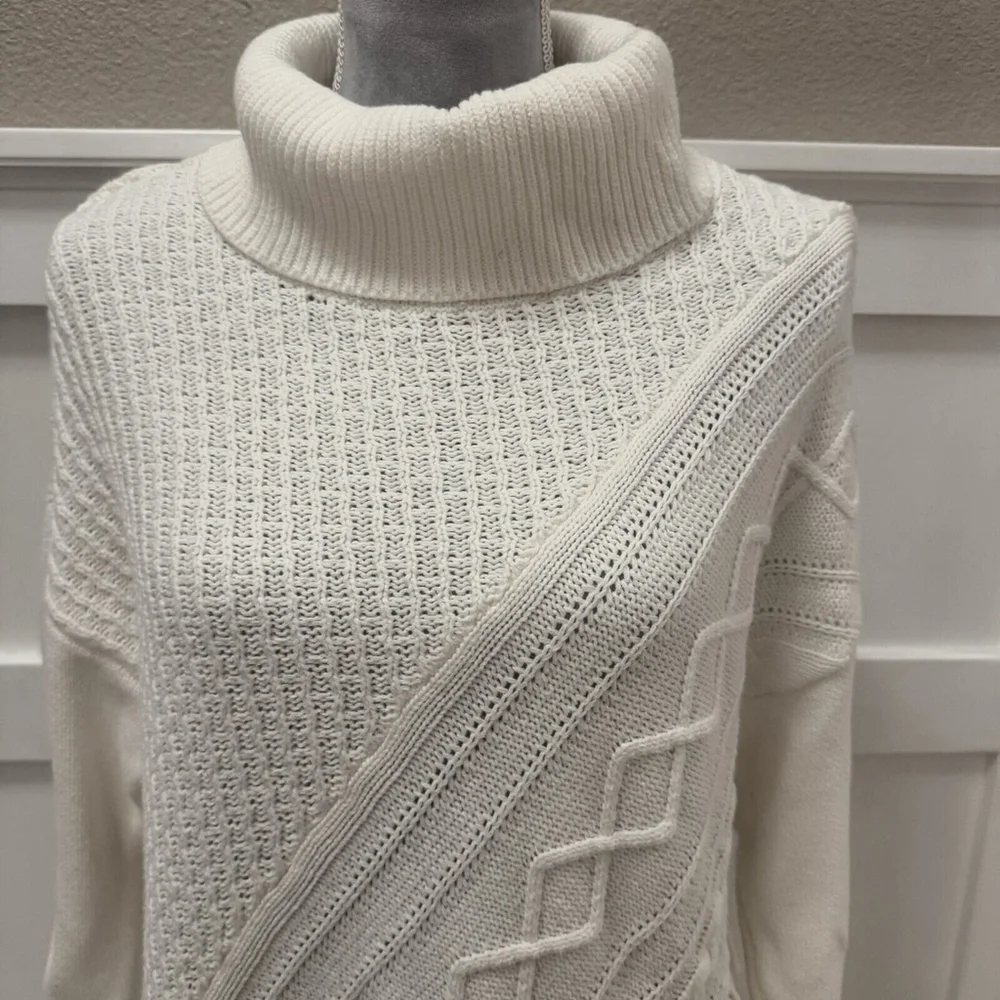 Chico’s Cream Boho Fringe Turtleneck Cable-Knit Tunic Sweater Women Size:2/L